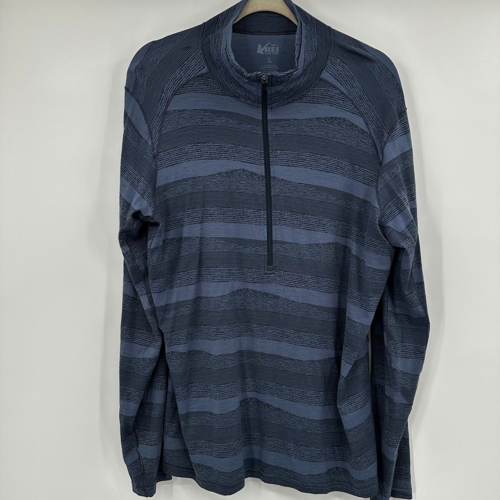 REI Co-op Mens L 100% Merino Wool Quarter Zip Pullover Blue Striped Baselayer